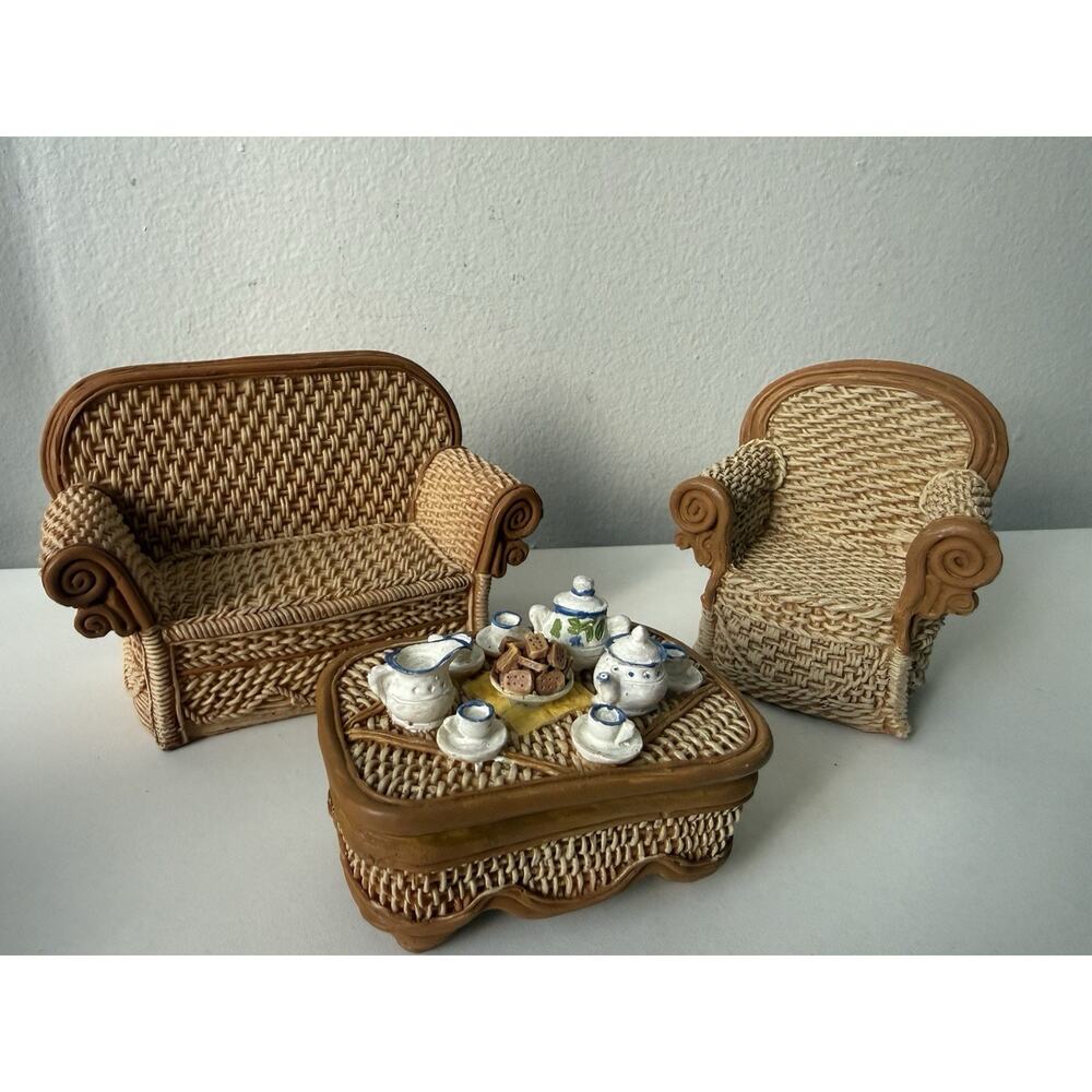 Vintage Miniature Wicker Rattan Furniture Set Sofa Chair Tea Table Dollhouse